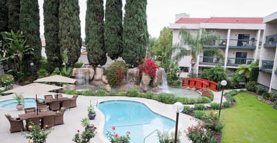 Outdoor pool area with landscaped gardens and seating