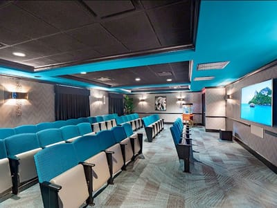 Interior view of a cozy movie theater room