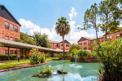 Outdoor view of landscaped garden with buildings