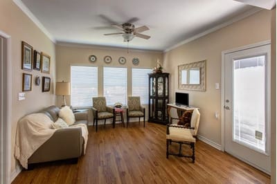 Bright common area with seating and decor