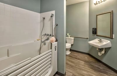 Brightly lit bathroom with support features