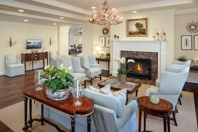 Cozy common area with seating and fireplace