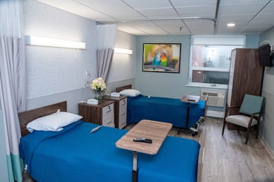 A private resident room with two beds and a colorful painting