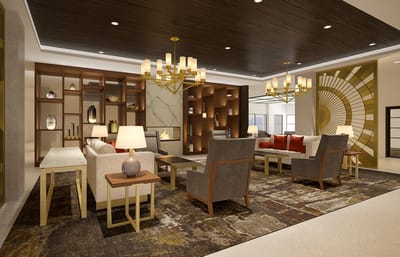 A beautifully designed common area in a senior living facility