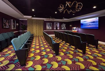 Interior view of a colorful activity room with seating