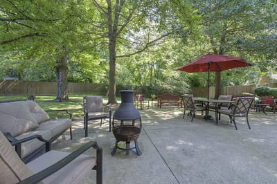 Outdoor seating area with trees and umbrellas