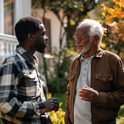Two men talking in a garden setting.