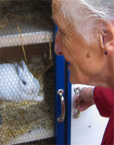 Resident interacts with a small white rabbit in a pet enclosure