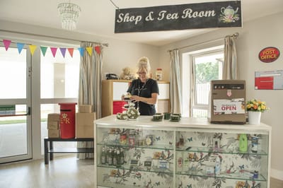 Staff member assisting in the shop and tea room