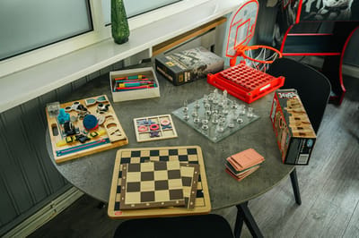 Table set up with various games and activities