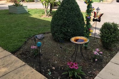 Garden area with flowers and decorative items
