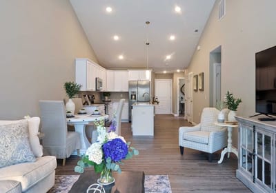 Stylish interior of a senior living unit with modern furnishings