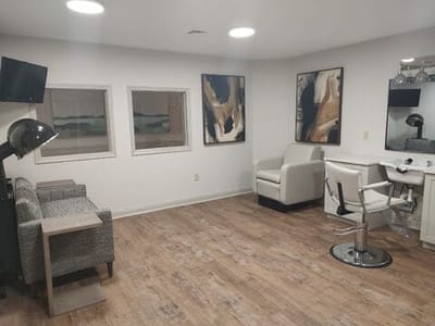 Interior of a hair salon with modern decor