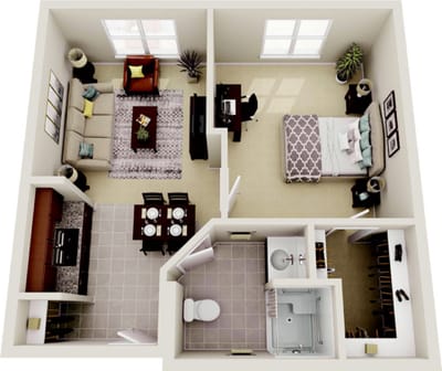 Aerial view of a one-bedroom apartment layout