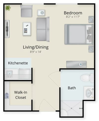 Architectural floor plan of a one-bedroom unit
