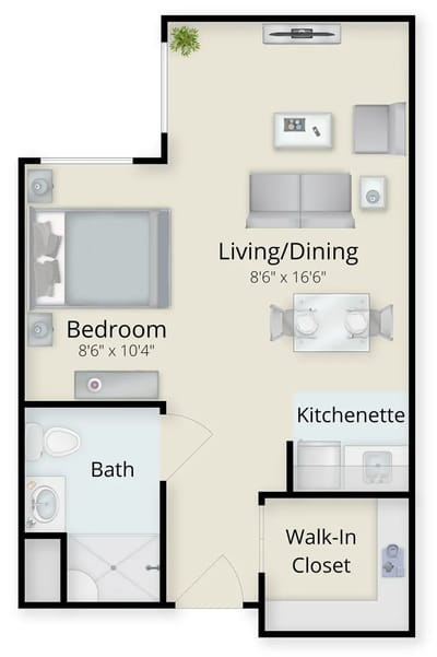 Architectural floor plan of a resident room layout