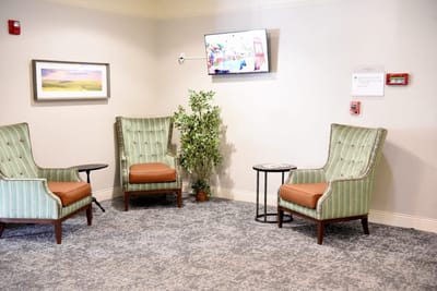 Cozy seating area with plush chairs and a television