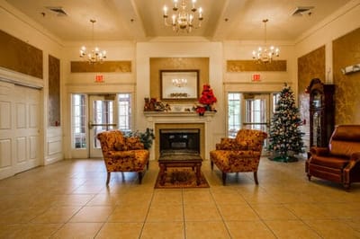 Cozy lobby area with festive decorations for the holidays