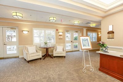 Cozy lobby area with seating and reception desk