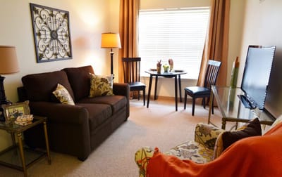 Cozy living space with a sofa and dining table