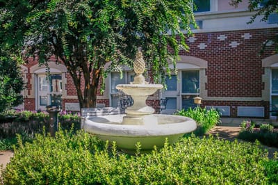 Fountain in a landscaped outdoor area
