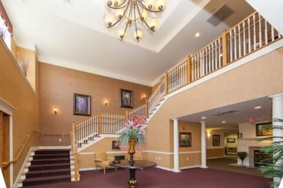 Interior view of the main lobby with stairs