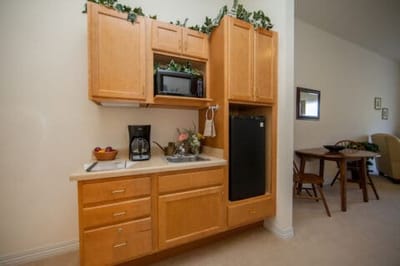 Kitchen area in a resident's room with appliances