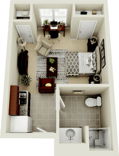 Layout of a private resident room with furnishings
