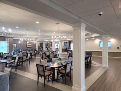 Interior view of a dining room in a senior living facility