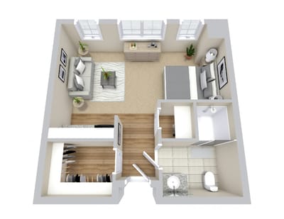 3D floor plan of a one-bedroom apartment