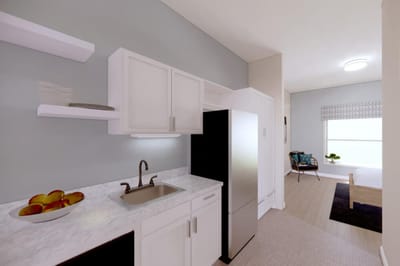 Stylish interior kitchen area of a resident room