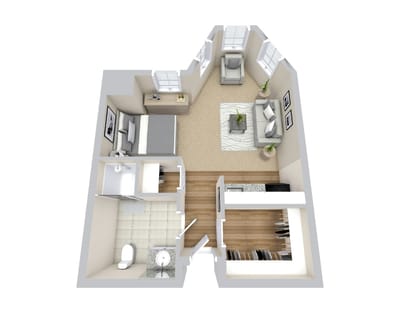 Floor plan of a one-bedroom unit