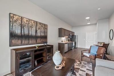 Modern interior of a resident room with kitchen
