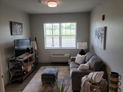 Cozy living room area with a sofa and TV