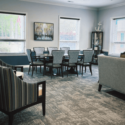 Interior common area with seating and a table