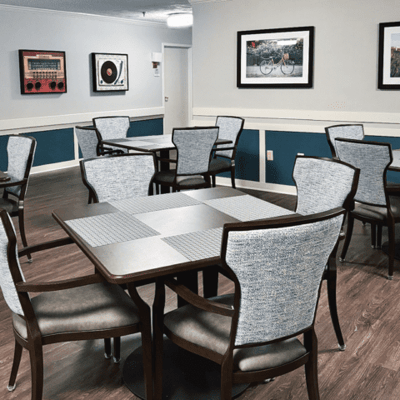 Interior view of a common area with tables