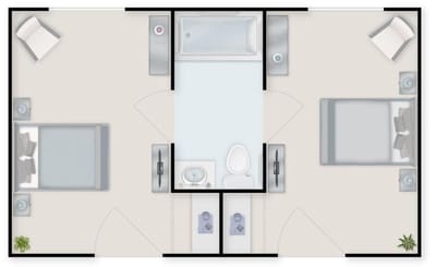 Architectural floor plan of a shared resident unit