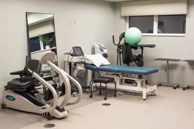 Physical therapy equipment in a therapy room