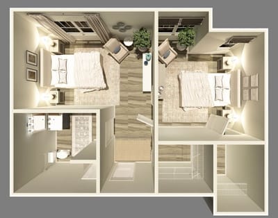 Aerial view of a two-bedroom layout in the facility