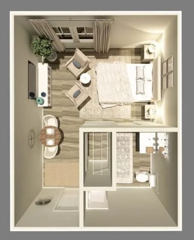 Aerial view of a well-designed resident room layout