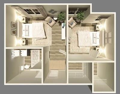 Floor plan of a shared living space with two bedrooms
