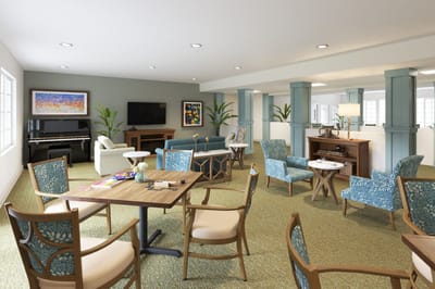 Bright common area with comfortable seating and decor
