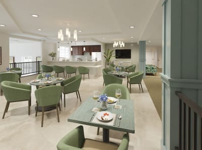 Bright dining room with tables set for a meal