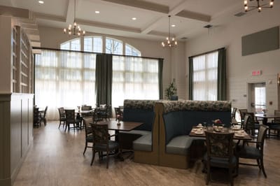 Bright and spacious dining room with large windows