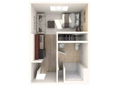 A layout of a private resident room in a senior living facility