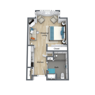 Architectural floor plan of a one-bedroom apartment