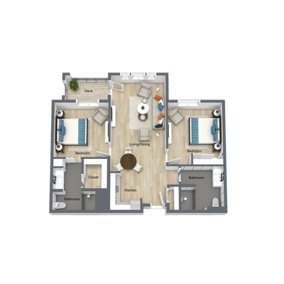 Architectural floor plan of a two-bedroom unit