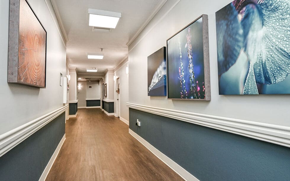 A well-lit corridor with artwork on the walls.
