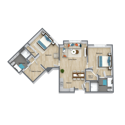 Architectural floor plan of a two-bedroom layout