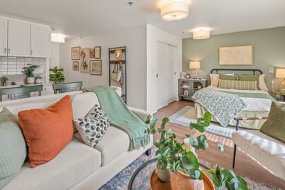 Bright and inviting interior of a resident room